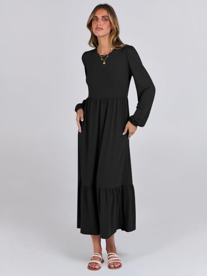 ANRABESS Women's Casual Long Sleeve Midi Dress 2025 Fall Crewneck A Line Tiered Flowy Loose Trendy Dresses with Pockets – Bild 3