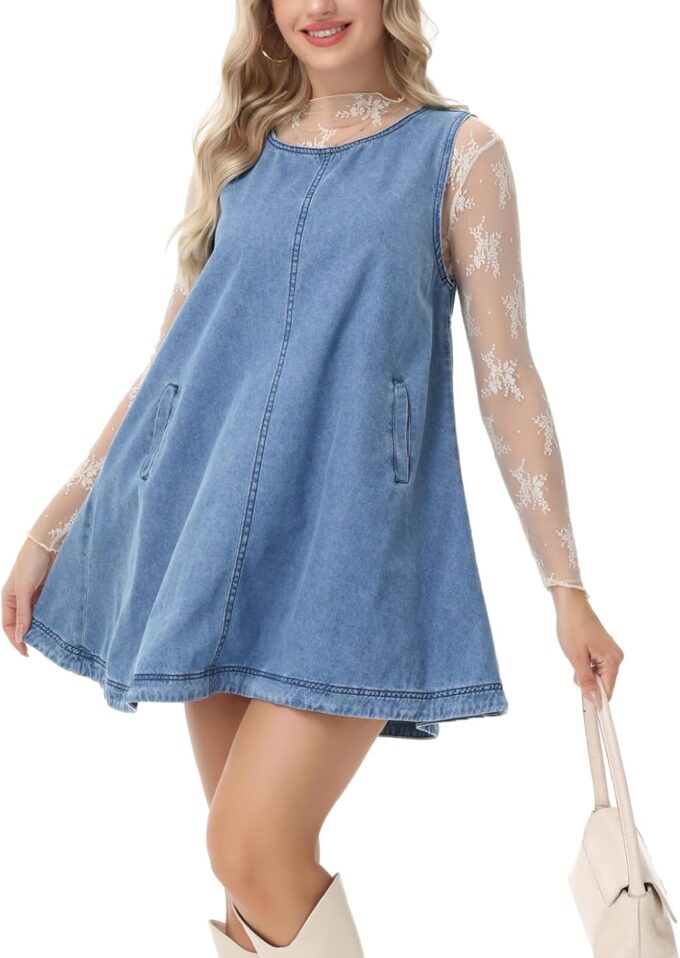 Women's Sleeveless Casual Denim Dress Crewneck Vintage Babydoll Jean Mini Dresses with Pockets – Bild 5