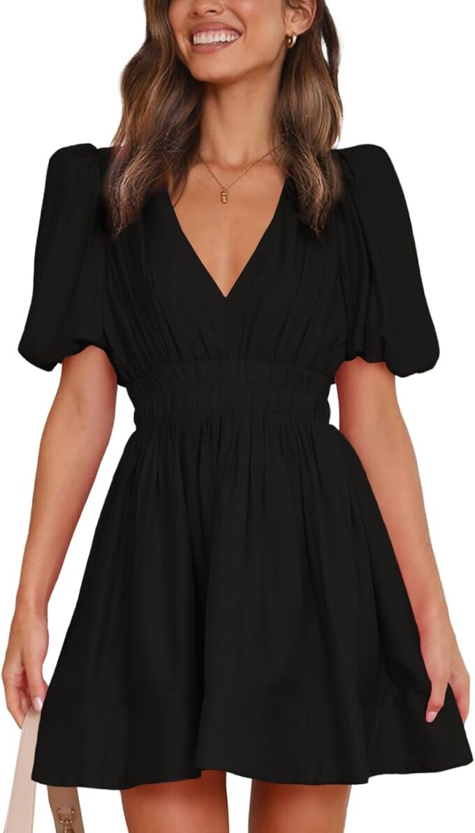 Women Sexy V Neck Mini Dress 2025 Summer Puff Sleeve A Line Elastic High Waist Flowy Swing Dresses