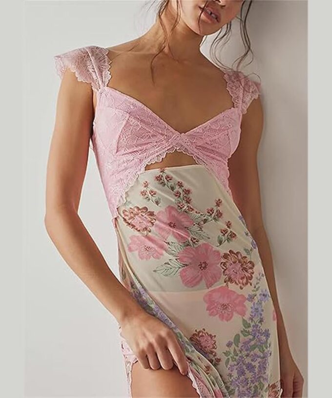 Women Sexy Lace Patchwork Mesh Maxi Dress Floral Print Cutout Sweetheart Neck Backless Slit Summer Y2K Long Dresses – Bild 5