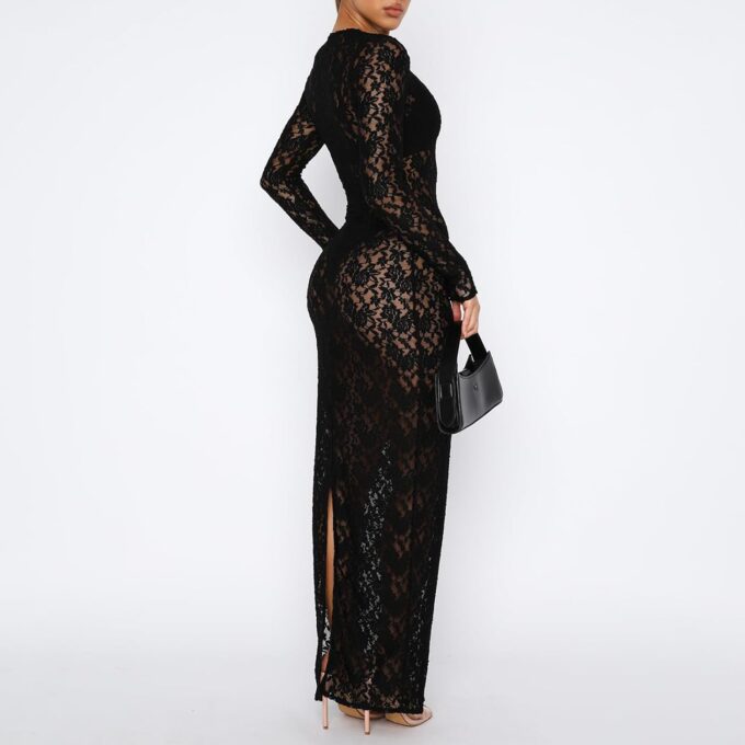 NUFIWI Women Vintage Y2k Lace Maxi Dress Long Sleeve See Through Mesh Bodycon Dress Floral Lace Maxi Long Slip – Bild 6