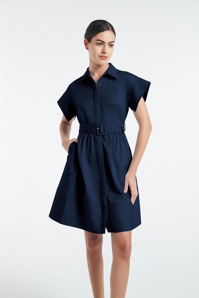 D-Sun Women Casual Button Down Shirt Dress V-Neck Short Sleeves Mini Shirt Dress Belted Short Party with Pockets – Bild 3