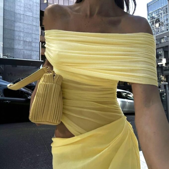 Women Off Shoulder Bodycon Maxi Dress Layered Mesh Ruched Hollow Out Party Formal Wedding Guest Dresses for Party – Bild 5