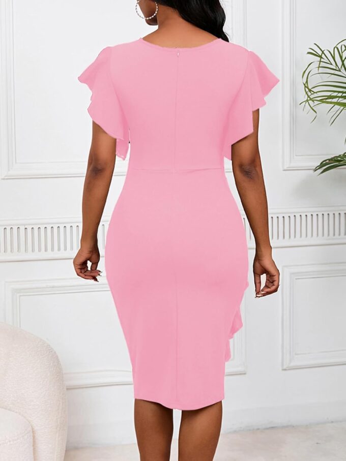 Women 2025 Summer Ruffle Short Sleeve Midi Dress Vintage Crew Neck Bodycon Pencil Dresses – Bild 5