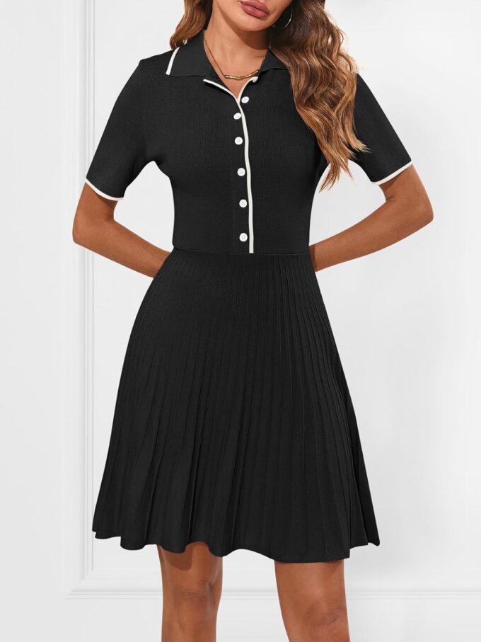 MEROKEETY Women's Summer Ribbed Knit Midi Dresses Short Sleeve V Neck Button A Line Swing Sweater Dress – Bild 7