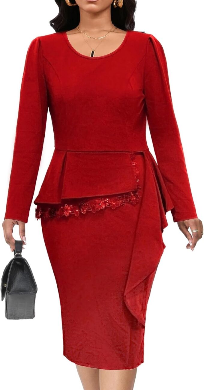 VisiChenup Damen Sexy Kirche Bleistiftkleid Elegant Langarm Business Bodycon Arbeit Midi Kleider