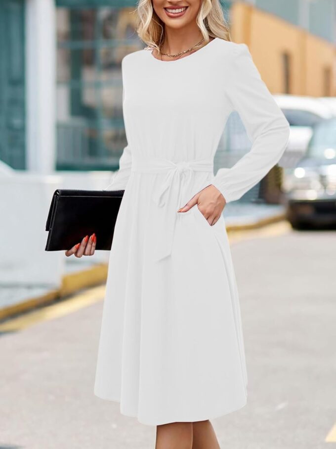 Damenkleid mit langen Ärmeln, Rundhalsausschnitt, mit Gürtel, A-Linie, fließend, für Business, Arbeit, Lehrer, Midi-Kleid – Bild 4