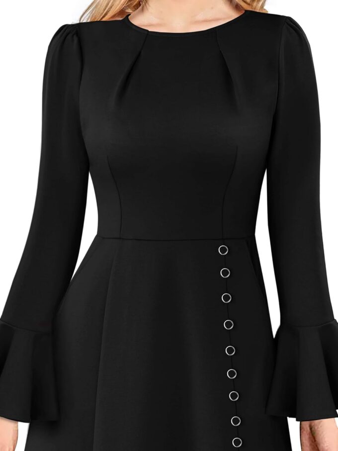 VFSHOW Damen-Kleid, plissiert, Rundhalsausschnitt, Glockenärmel, Taschen, Schlitzknöpfe, Business, Arbeit, Büro, schmale Passform und ausgestelltes A-Linien-Kleid – Bild 3