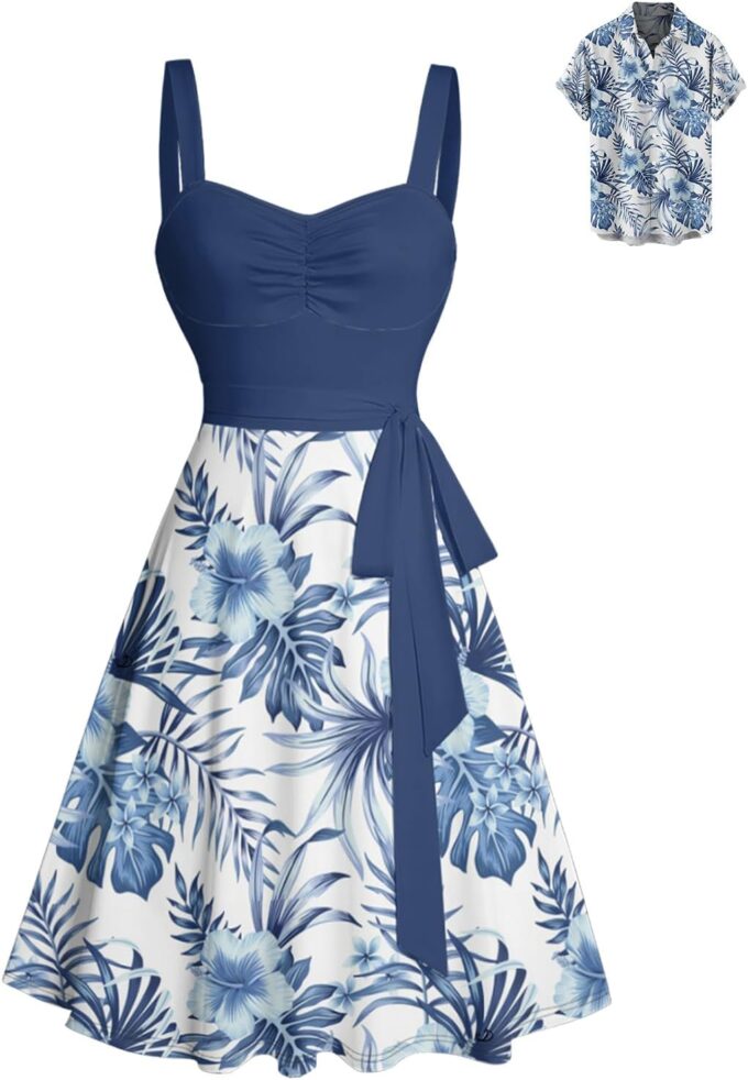 DRESSFO Matchable Couples' Hawaiian Outfit Floral Print Men's Shirt Or Women's Belted Mini Dress
