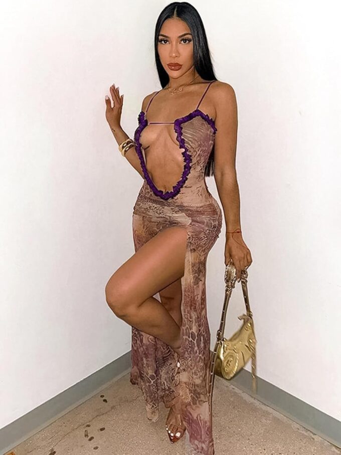 Uni Clau Women Sexy Mesh Sheer Maxi Dress Y2k See Through Low Cut Backless Bodycon Fitted High Slit Long Dress Party Dresses – Bild 5