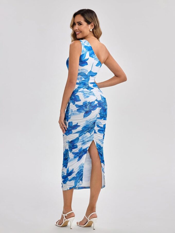 Floral One Shoulder Midi Dress for Women Summer Bodycon Ruched Cocktail Wedding Guest Dress – Bild 5