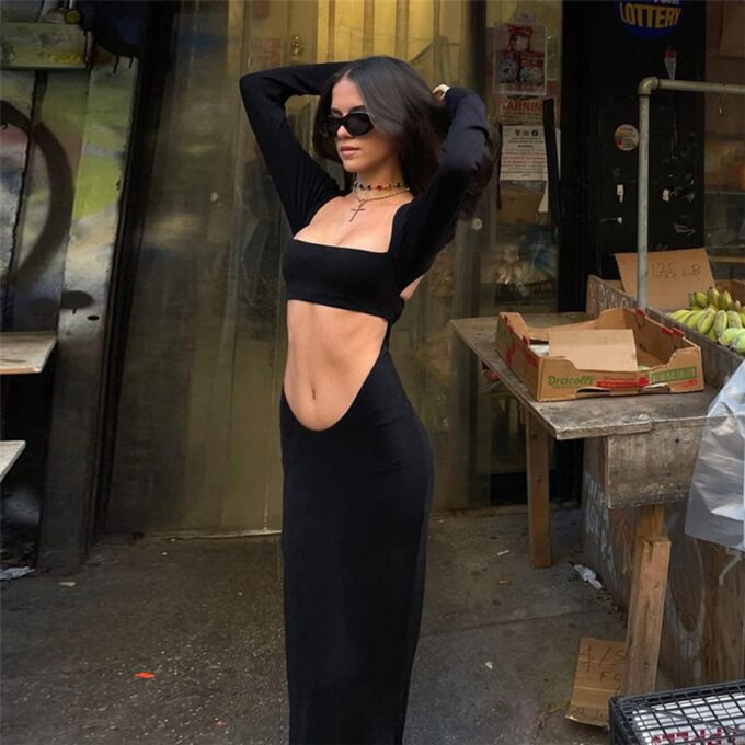 Womens Sexy Long Sleeve Backless Square Neck Cutout Maxi Going Out Dress – Bild 3