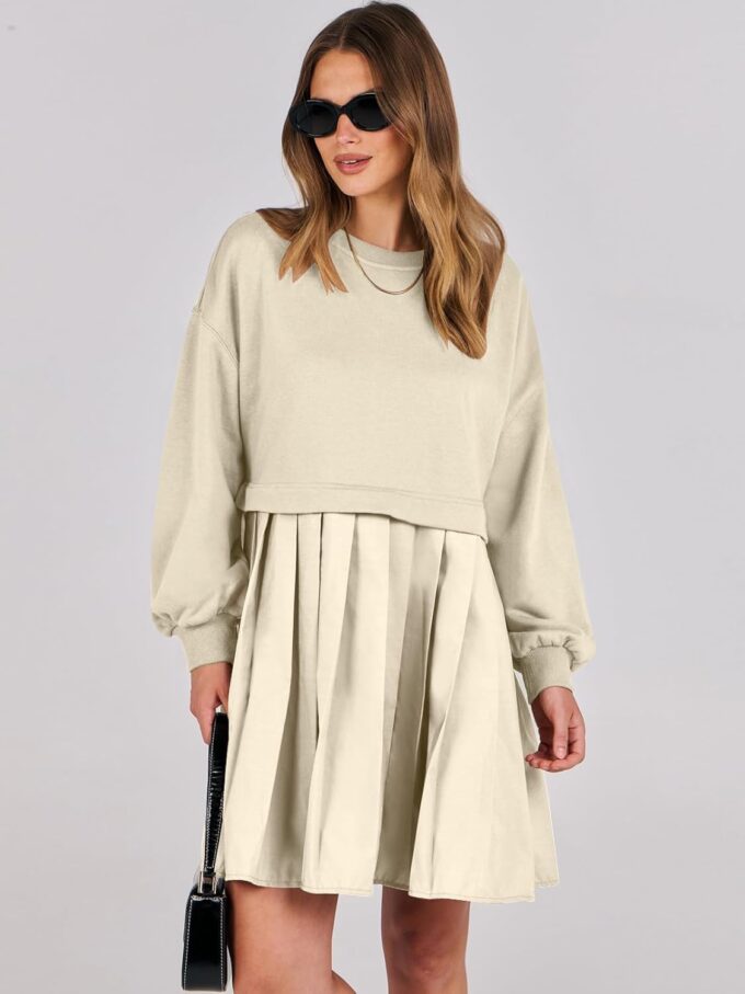 ANRABESS Women Sweatshirts Dress Oversized Long Sleeve Patchwork Casual Loose Pleated Pullover Mini Dress Fall Outfits 2025 – Bild 4