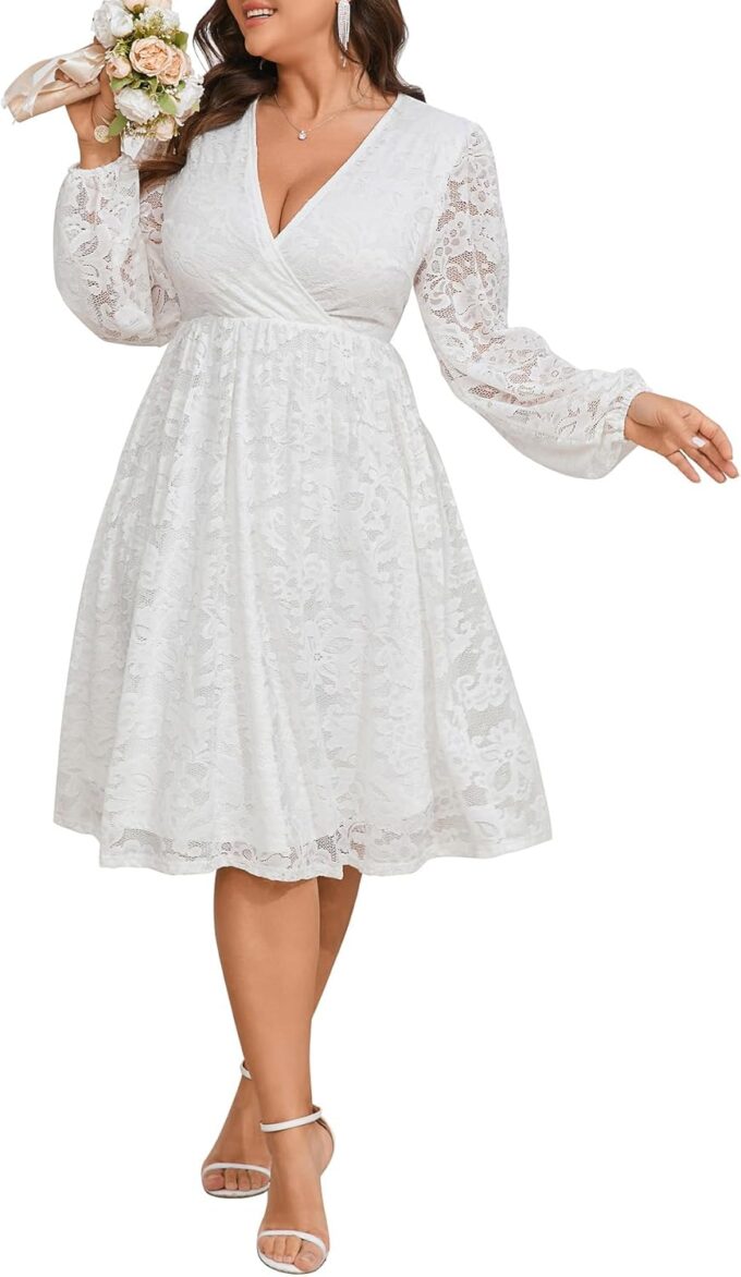 Womens Plus Size Lace Midi Dress V Neck Wrap Long Sleeve Flowy A line Cocktail Dresses for Wedding Guest