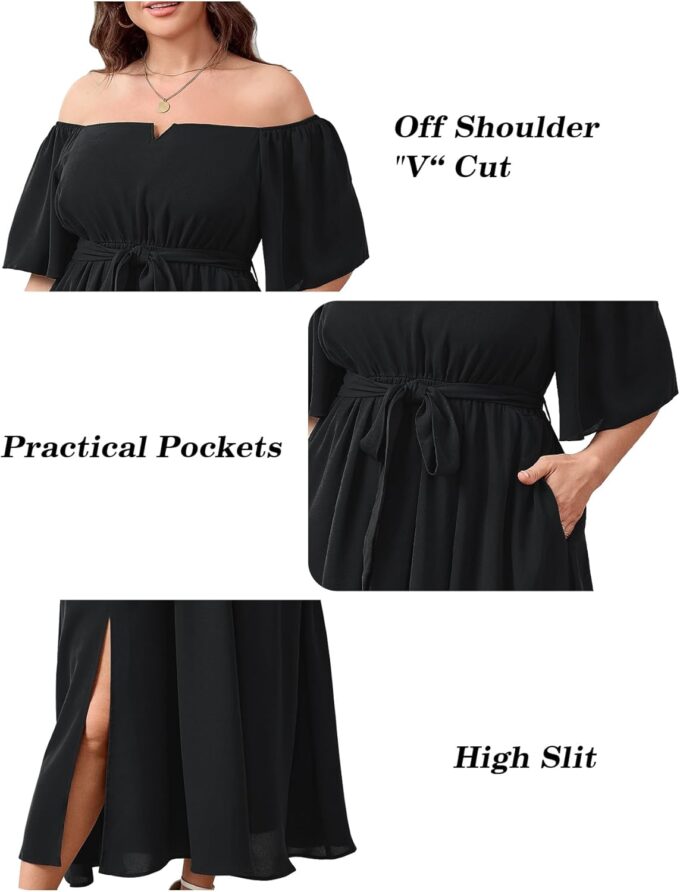 SCOMCHIC Womens Plus Size Formal Maxi Dress Off The Shoulder Wedding Guest Cocktail A-Line Split Long Dress with Pockets – Bild 3