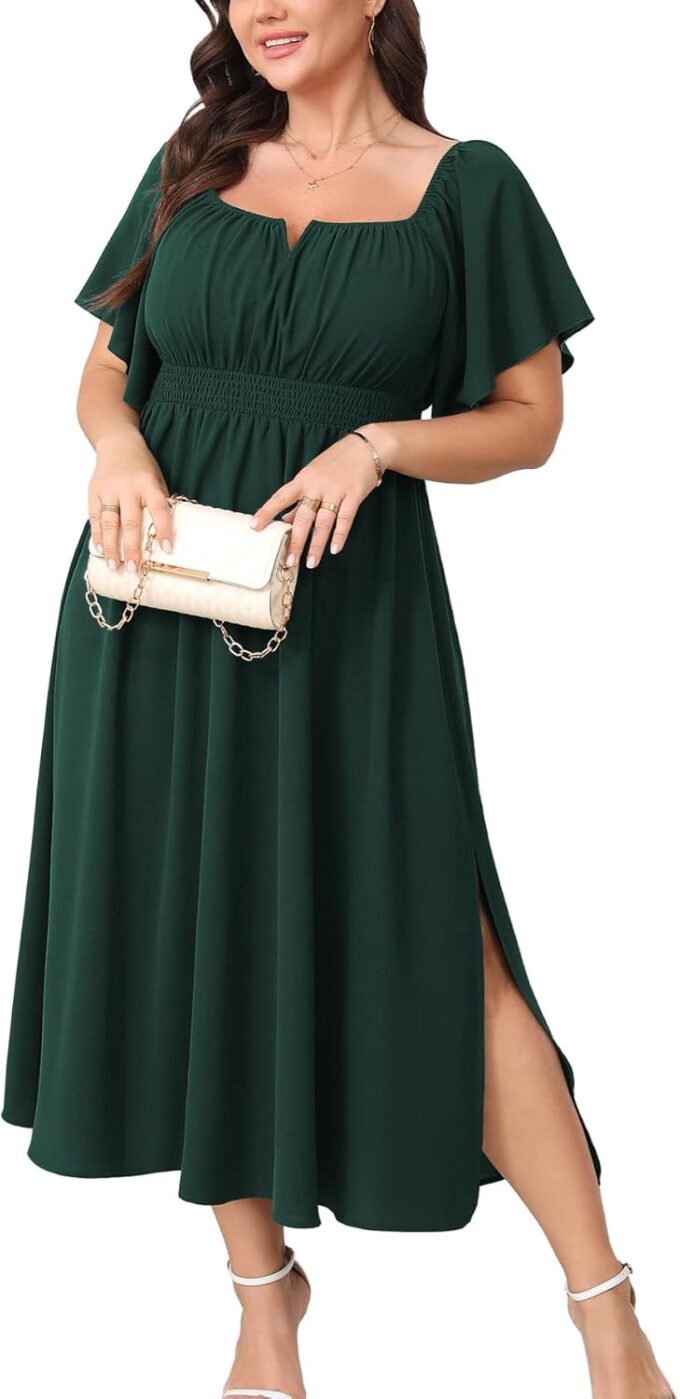 Women Plus Size Dress Wedding Guest Formal Ruffle Short Sleeve Square Neck Smocked Flowy A Line Slit Maxi Dresses