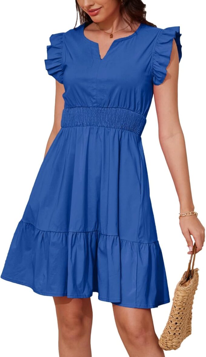 Jayscreate Women's Ruffle Sleeve Layered Dress Pockets Elastic Waist 2025 V Neck Above Knee Summer Casual Cute Dress