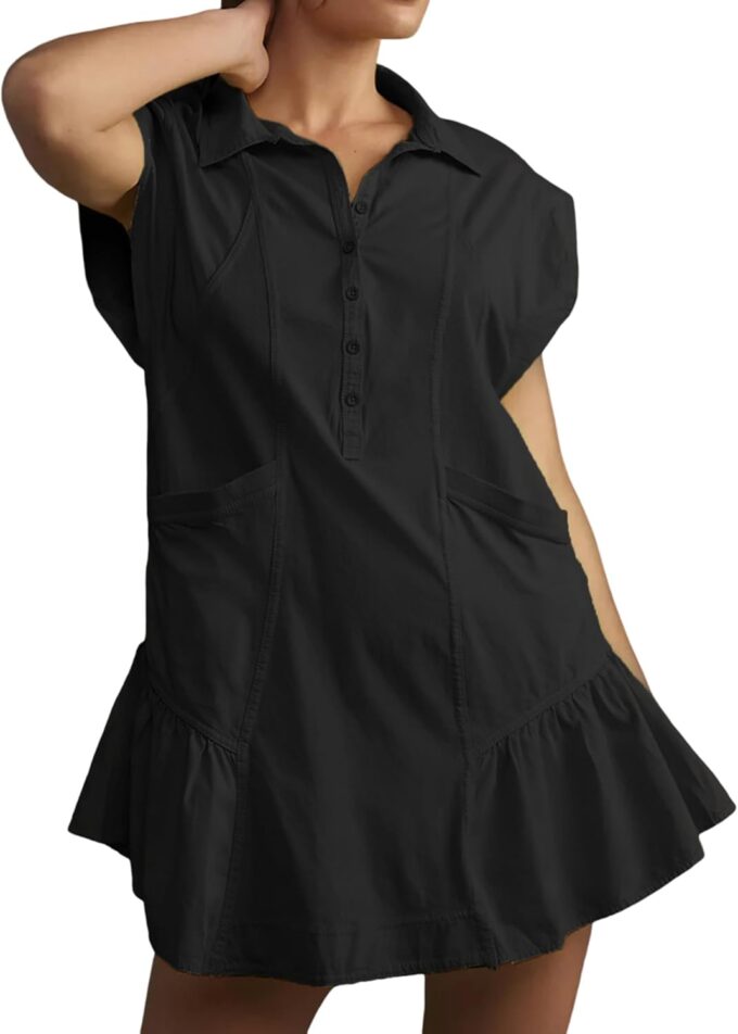 EsheSy Women's Button Down Shirt Dress Short Sleeve Patchwork Mini Dress with Pockets
