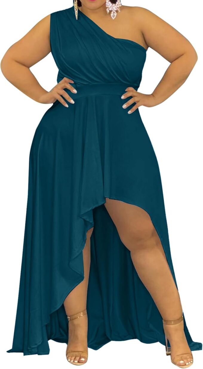 Ekaliy Women's Plus Size One Shoulder Dress Sexy High Low Irregular Hem Flowy Party Cocktail Maxi Dress