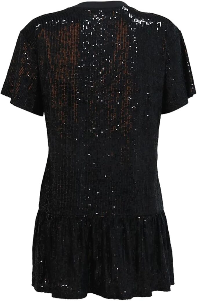 KIRJAUDU Women Sparkly Sequin Mini Dress Crewneck Bling Letter Print Half Sleeve Loose Mini Dress Clubwear – Bild 5