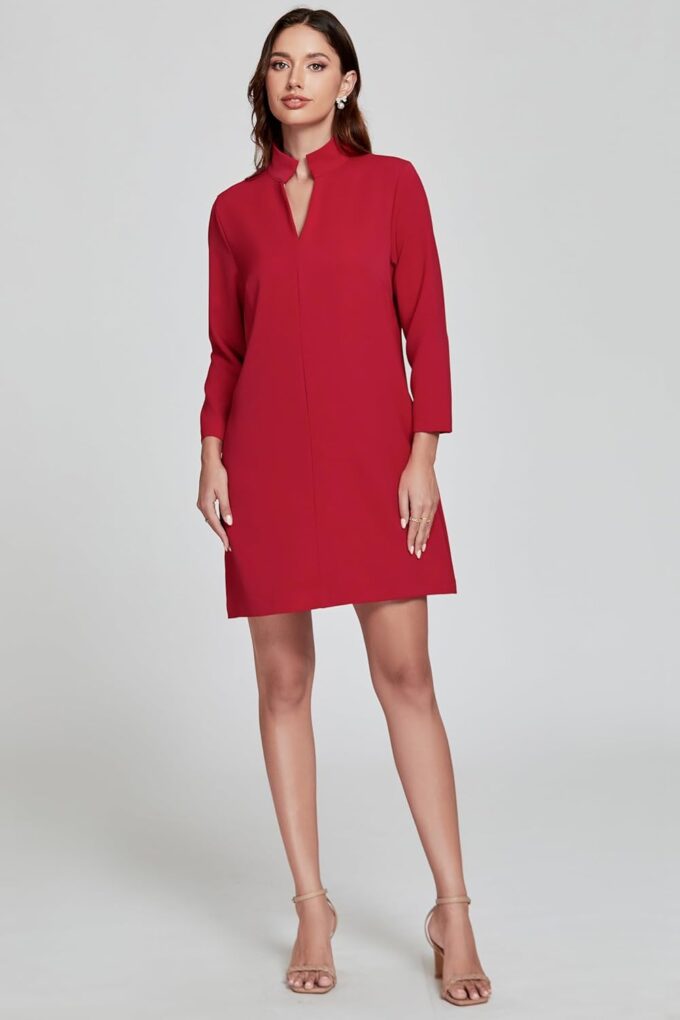 EZAPINE Damen-Minikleid, V-Ausschnitt, 3/4-Ärmel, Retro, elegant, formelle Arbeitskleider mit Taschen – Bild 4