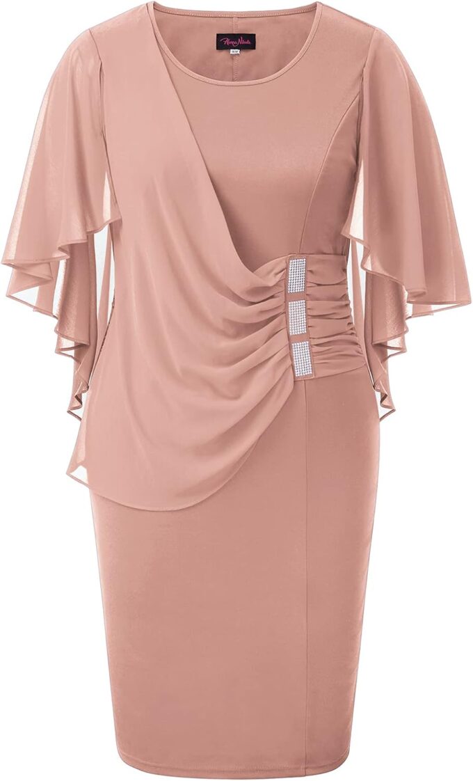 Hanna Nikole Women's Plus Size Chiffon Ruffle Flattering Cape Sleeve Bodycon Pencil Dress
