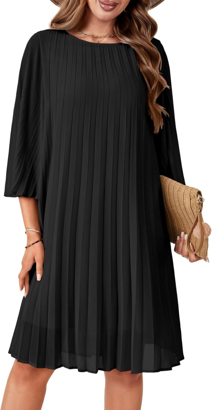 Rooscier Women's 3/4 Sleeve Pleated Crew Neck Keyhole Back Flowy Loose Fit Midi Dress – Bild 2