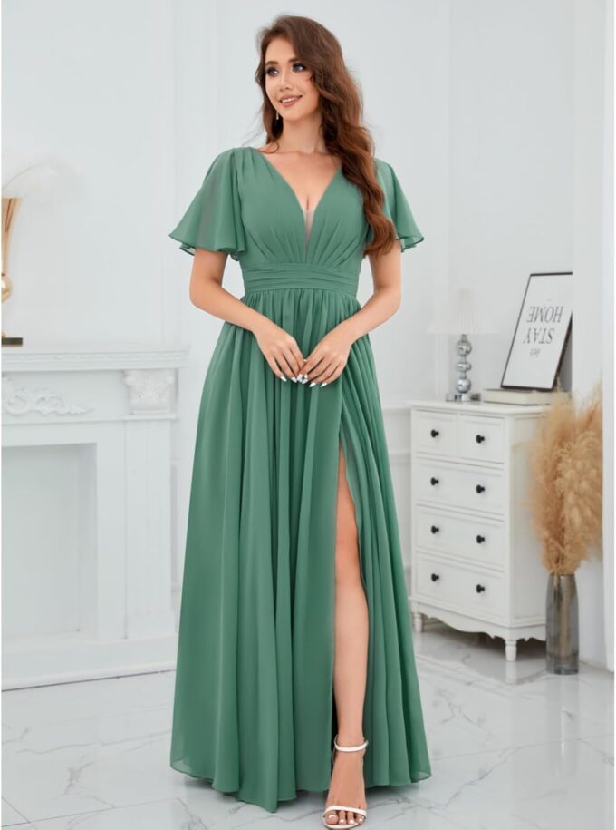 V Neck Chiffon Bridesmaid Dress with Slit Flutter Sleeve Chiffon Pleated Formal Prom Dresses for Women – Bild 4
