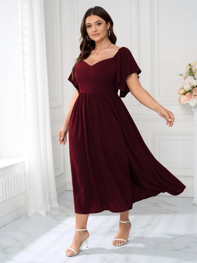 SCOMCHIC Women Plus Size Dresses Short Sleeve Sweetheart Neckline Wedding Guest Cocktail Smocked A Line Slit Maxi Dress – Bild 4