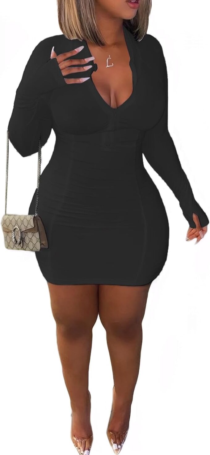 Front Zipper Bodycon Dress Party Long-Sleeve Club Dresses – Bild 2