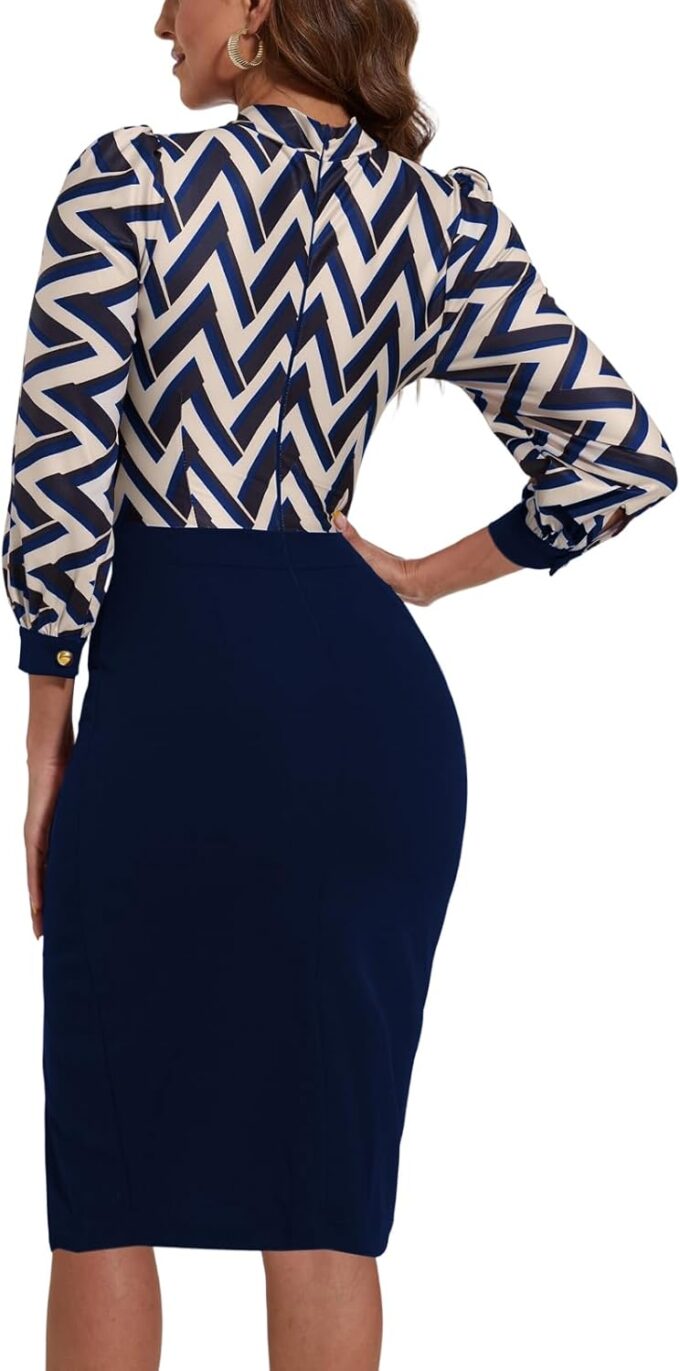 KnoInt Damen Langarm Bodycon Midi Kleider Büro Arbeit Bleistiftkleid – Bild 2