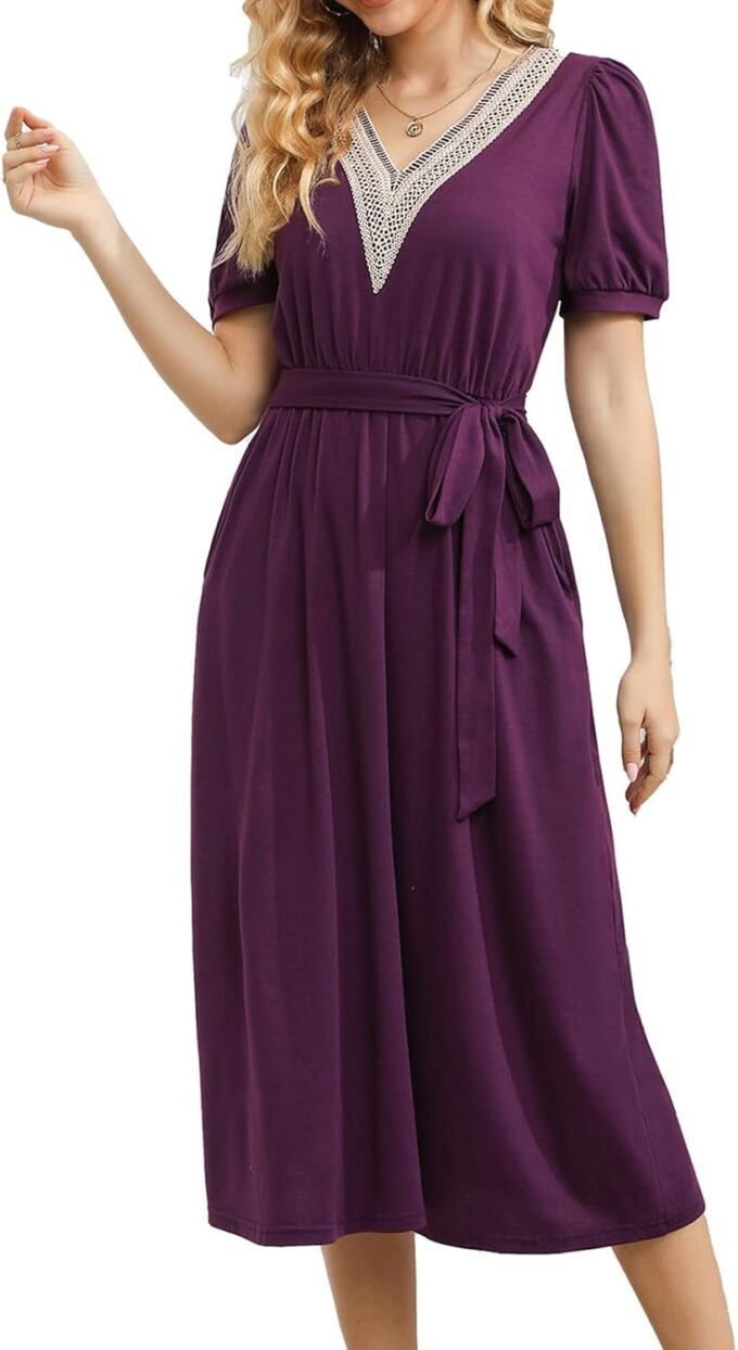 Damen Sommer Elegant Kurzarm V-Ausschnitt Karriere Kleid A-Linie Kleid Casual Midi Knielang Ausgestelltes Kleid mit Gürtel M708 – Bild 4
