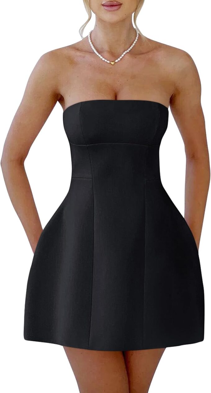 YMDUCH Womens Sexy Strapless Tube A-line Mini Dress Club Party Short Prom Dress