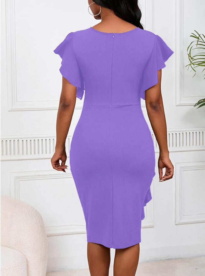 Womens Short Ruffle Sleeve Church Dress 50S Vintage Crew Neck Bodycon Work Pencil Midi Dress – Bild 6