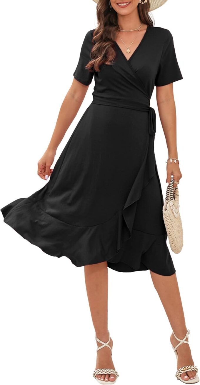 SLOWTOWN Women's Wrap Dress V Neck Short Sleeve Ruffle Hem Midi Dress