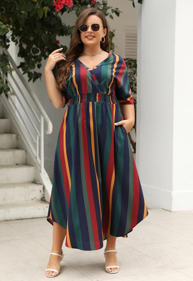 Nemidor Womens Casual Plus Size Boho Print V Neck Flared Maxi Dress with Pocket NEM403 – Bild 4