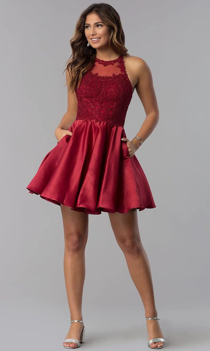 Satin Lace-Applique Homecoming Dresses Short with Pockets Halter Cocktail Dresses for Teens WD029 – Bild 4