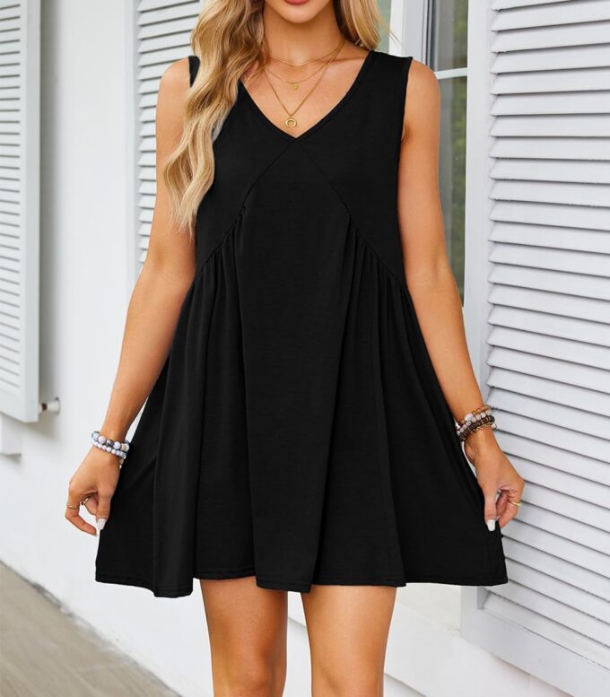 Womens Babydoll Dress Summer Sleeveless Mini Dress Casual Loose V Neck Swing Flowy Beach Sundresses with Pockets – Bild 2
