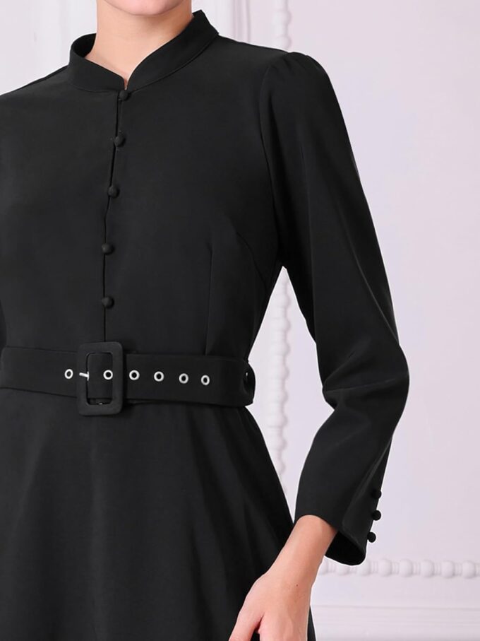 Hobemty Damen Vintage A-Linie Kleid Stehkragen Langarm Gürtel Arbeit Flare Kleider – Bild 4