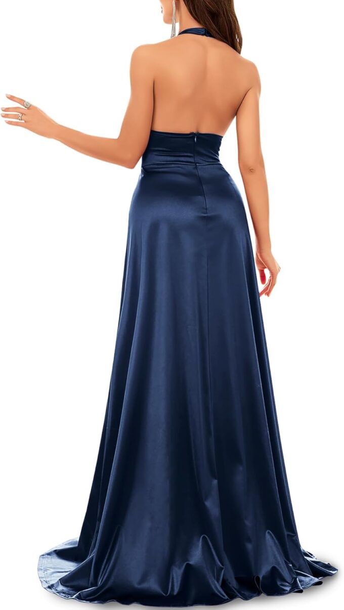Women's Plunge V Neck Halter Satin Floor Length Evening Prom Backless Split Maxi Dress – Bild 2