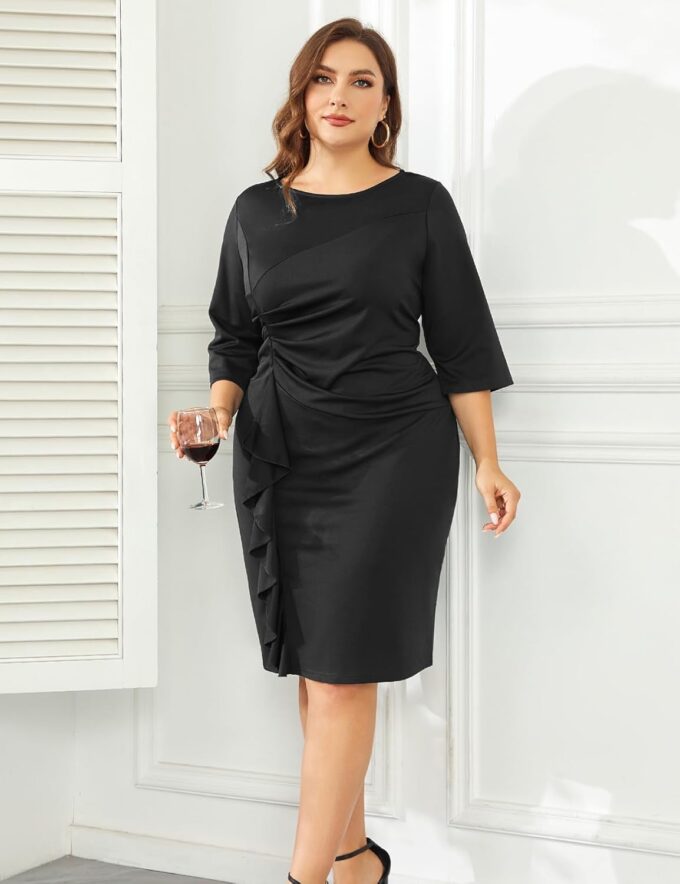 ZOMVA Übergröße 1X-4X Damen Bodycon 3/4 Ärmel Rüschen Midi Kleid Vintage Rundhals Bleistiftkleid Arbeit Kirche Cocktail Formell – Bild 5