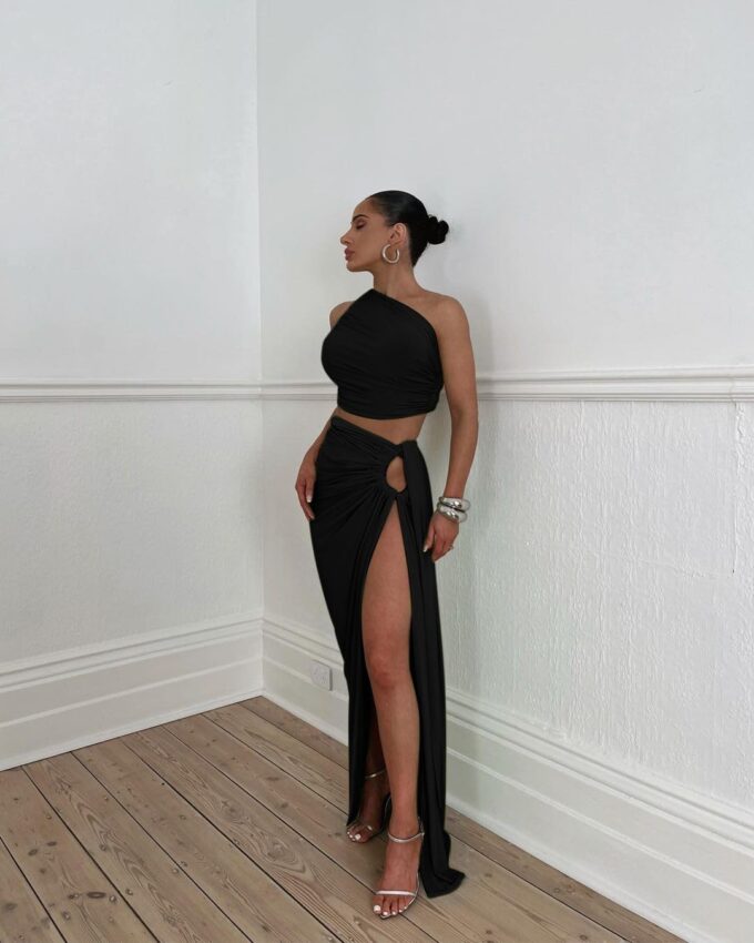 Women's 2 Piece Dress Sexy Y2k Strapless Crop Top High Slit Skirt Bodycon Maxi Long Skirt Suit Night Out Dress Sets