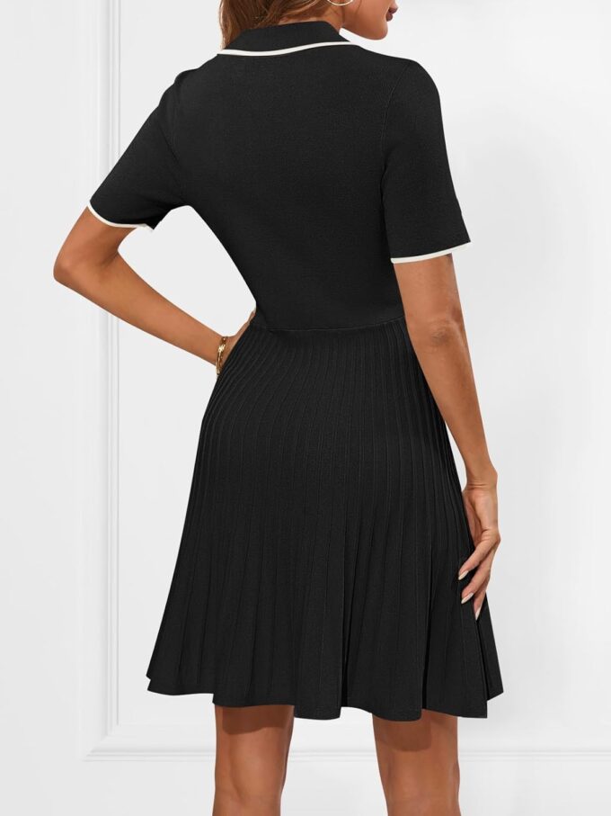 MEROKEETY Women's Summer Ribbed Knit Midi Dresses Short Sleeve V Neck Button A Line Swing Sweater Dress – Bild 4