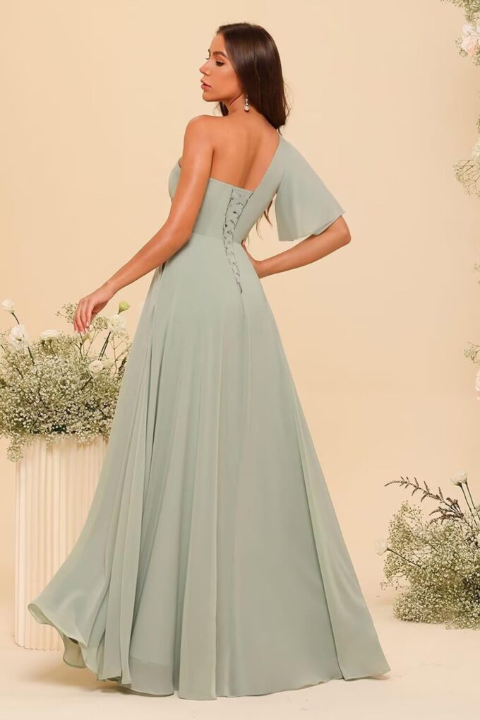 Women's Short Sleeves Chiffon Bridesmaid Dresses with Pockets 2025 Pleated Aline Formal Evening Dresses with Slit DE340 – Bild 2