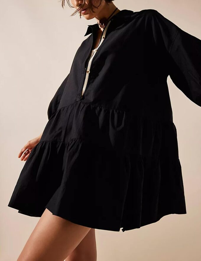 HangNiFang Women's Summer Babydoll Mini Dress Flowy Puff Sleeve Tiered Button Down Oversized Tunic Dress with Pockets – Bild 2