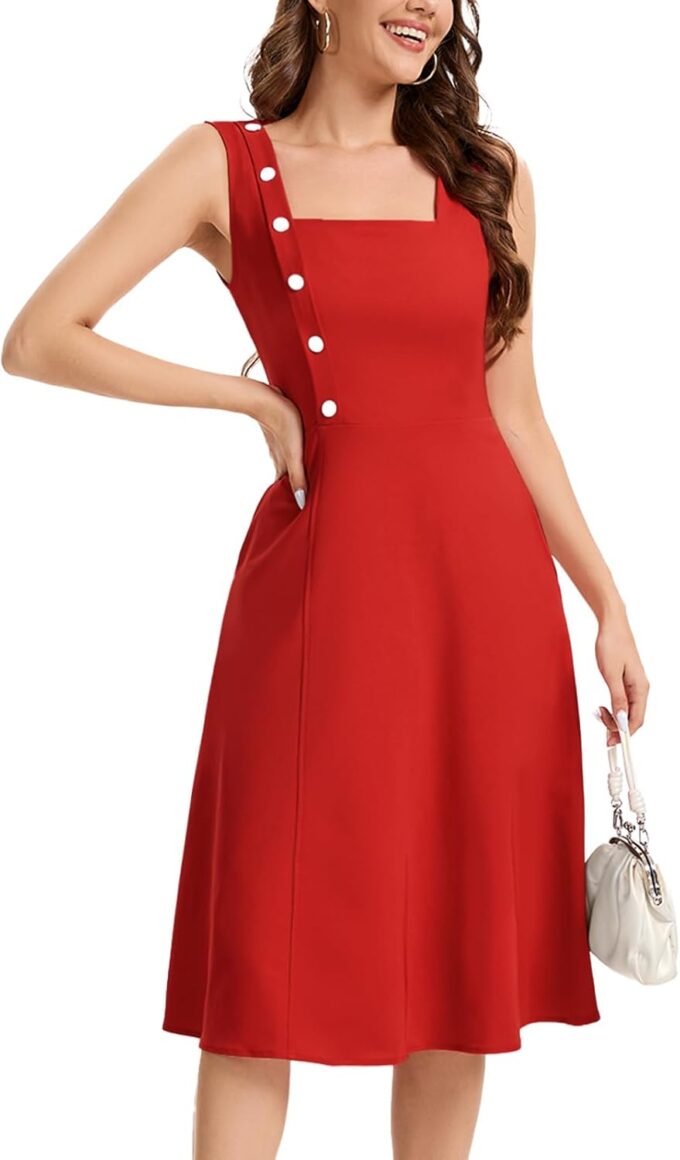 Bbonlinedress Womens Vintage Summer Cocktail Dress Sleeveless Tea Party Retro Formal Wedding Guest A-line Midi Sundress