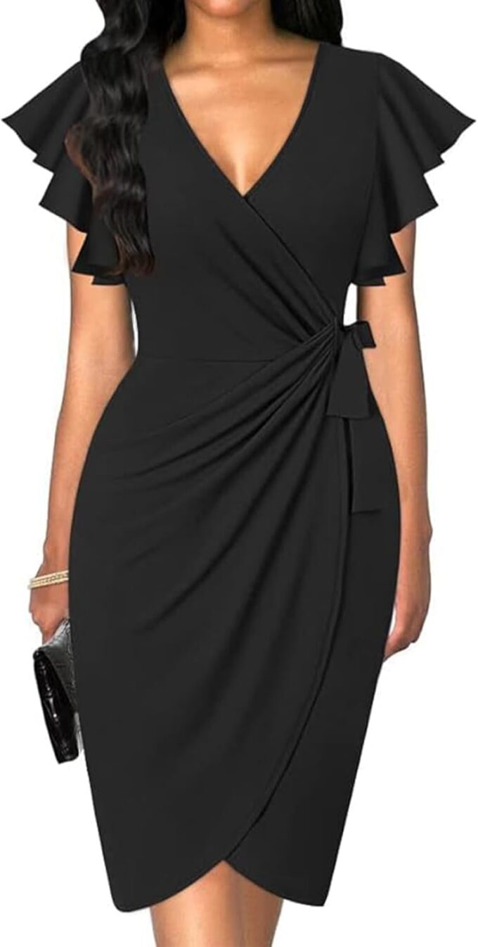2024 Damen-Wickelkleid mit tiefem V-Ausschnitt, Rüschenärmel, Übergröße, formelle Arbeit, Cocktailparty, elegant, gerüscht, Midi-Wickelkleid mit Gürtel