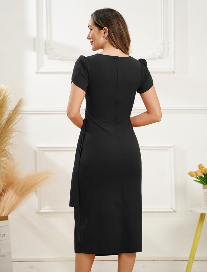 ODIZLI Women's Casual Semi Formal Summer Petal Sleeve V Neck Ruched Bodycon Midi Dress Party Dress – Bild 5