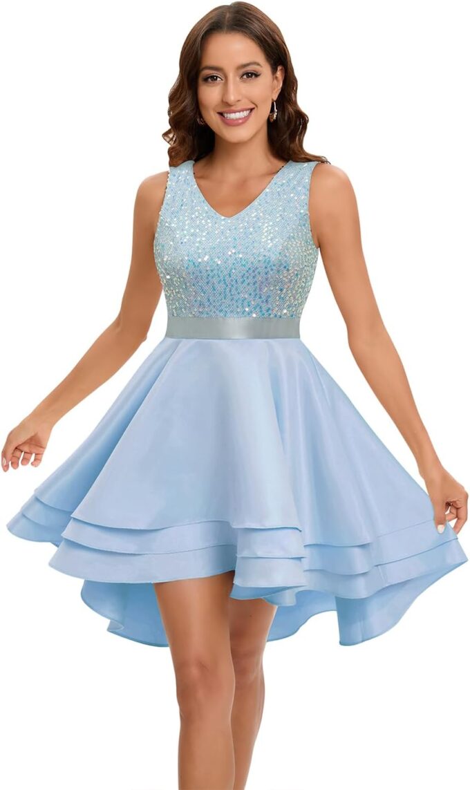 Meetjen Women's Sequin Prom Dresses Cocktail Party Sparkly Short V Neck A-line High Low Satin Formal Dress for Wedding – Bild 4
