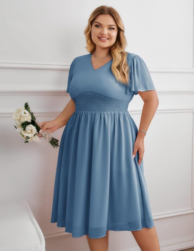 Hanna Nikole Womens Plus Size Chiffon Cocktail Dress Smocked Waist Ruffle Sleeve Party Wedding Guest Dress with Pockets – Bild 4